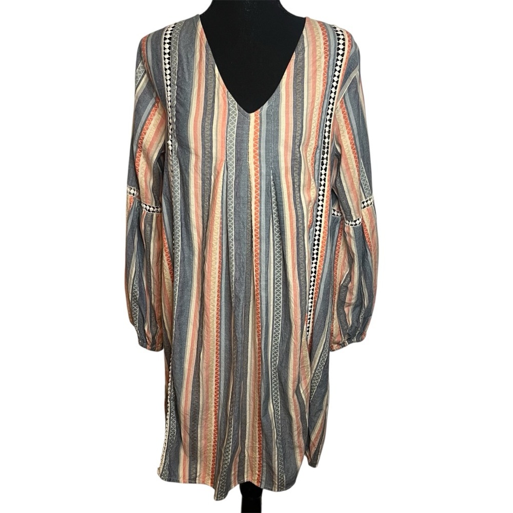 THML Boho Striped Cotton Long Puff Sleeve Mini Dress Sz M Crochet Southwest